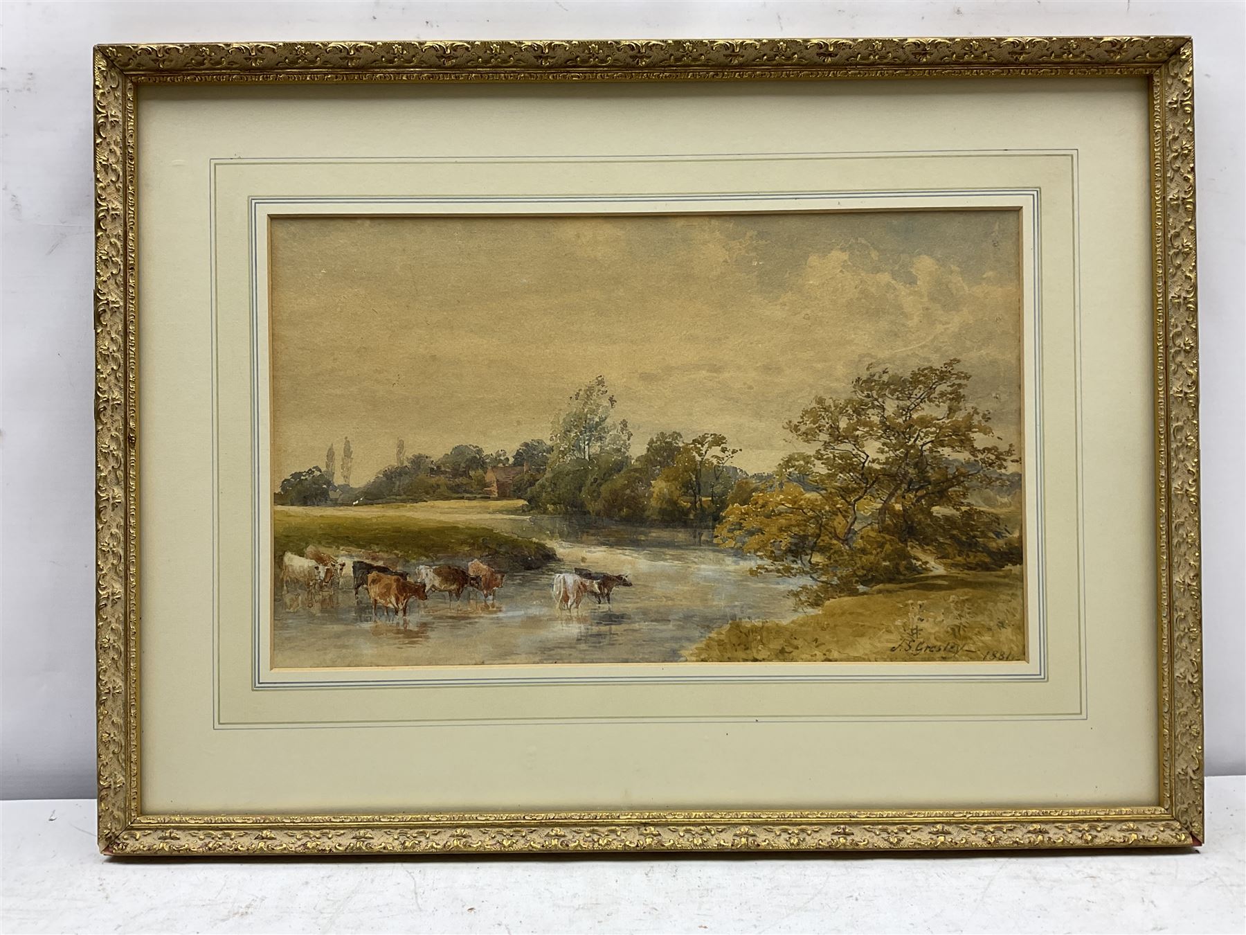 James Stephen Gresley (British 1829-1908): Cattle Watering in a River, watercolour signed and dated 1881, 22cm x 37cm