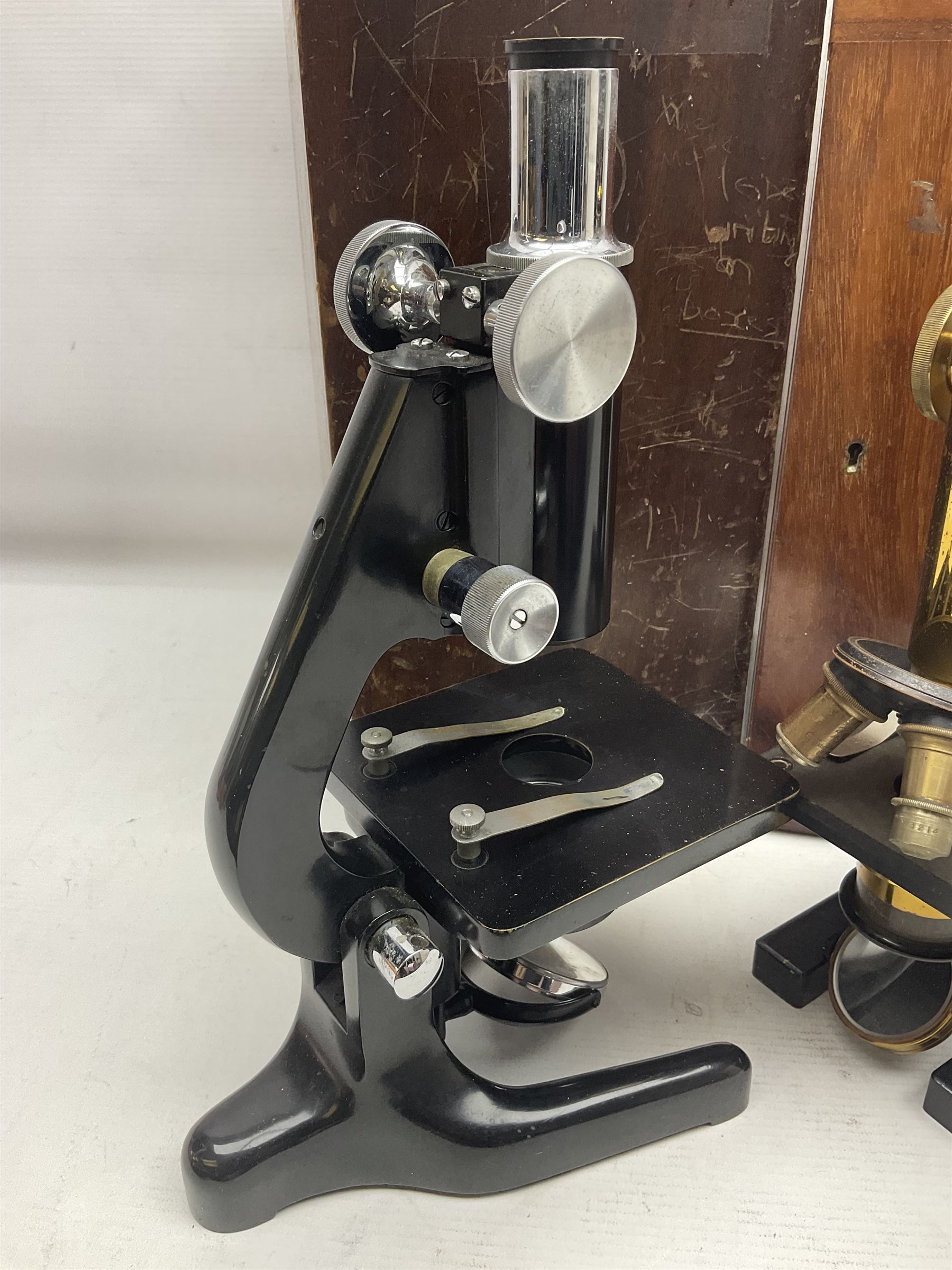 20th century W. Watson & Sons Kima microscope no. 118396 in original oak box, together with W. Watson & Sons Praxis microscope no. 18360, in original box  