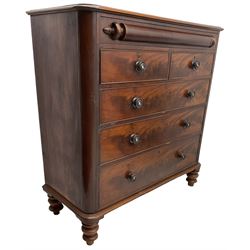 Victorian mahogany chest, rectangular moulded top with rounded corners, the frieze drawer with turned half column mount, two short and three long cock-beaded drawers, on turned feet