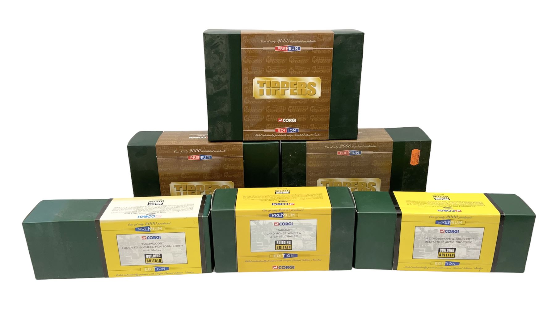 Corgi Premium limited edition - three Tippers die-cast models comprising CC10504 ERF KV Tipper - Ketton Cement; CC10102 Foden FG Tipper & Gravel Load; and CC10602 Leyland octopus Tipper; together with three Building britain models comprising 18404 H.E. Musgrove & Sons Ltd. Bedford O Artic Dropside; 07502 Tarmac Land Rover Winch & 2-wheel Trailer; and 12302 Eastwoods Foden FG 8-wheel Platform Lorry; all boxed (6)