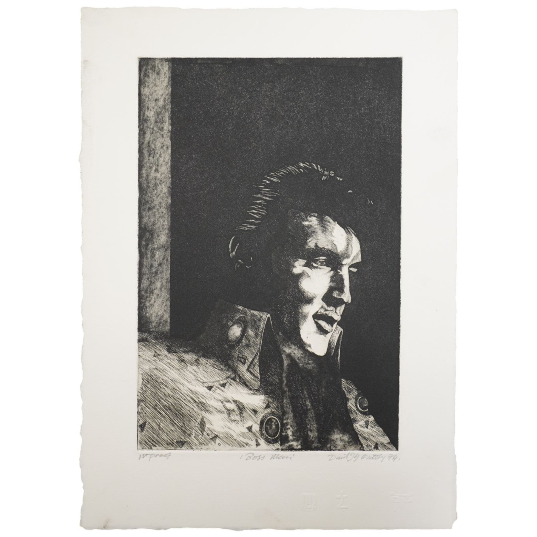 David Oxtoby (Yorkshire Pop Artist 1938-): Elvis Presley - 'Golden Years' and 'Boss Man', lithograph in colours and etching signed titled and dated 1978 & '74 in pencil, numbered 2/30 AP & 1st proof, respectively, max 68cm x 56cm (2) (unframed)