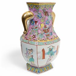 Three Chinese 20th century famille rose vases, of baluster form, decorated with traditional motifs and figures, together with another famille vert example decorated with peacocks, largest H36.5cm (4)