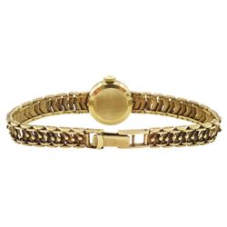 Tissot ladies 9ct gold manual wind wristwatch, on integral fancy 9ct gold link bracelet, hallmarked