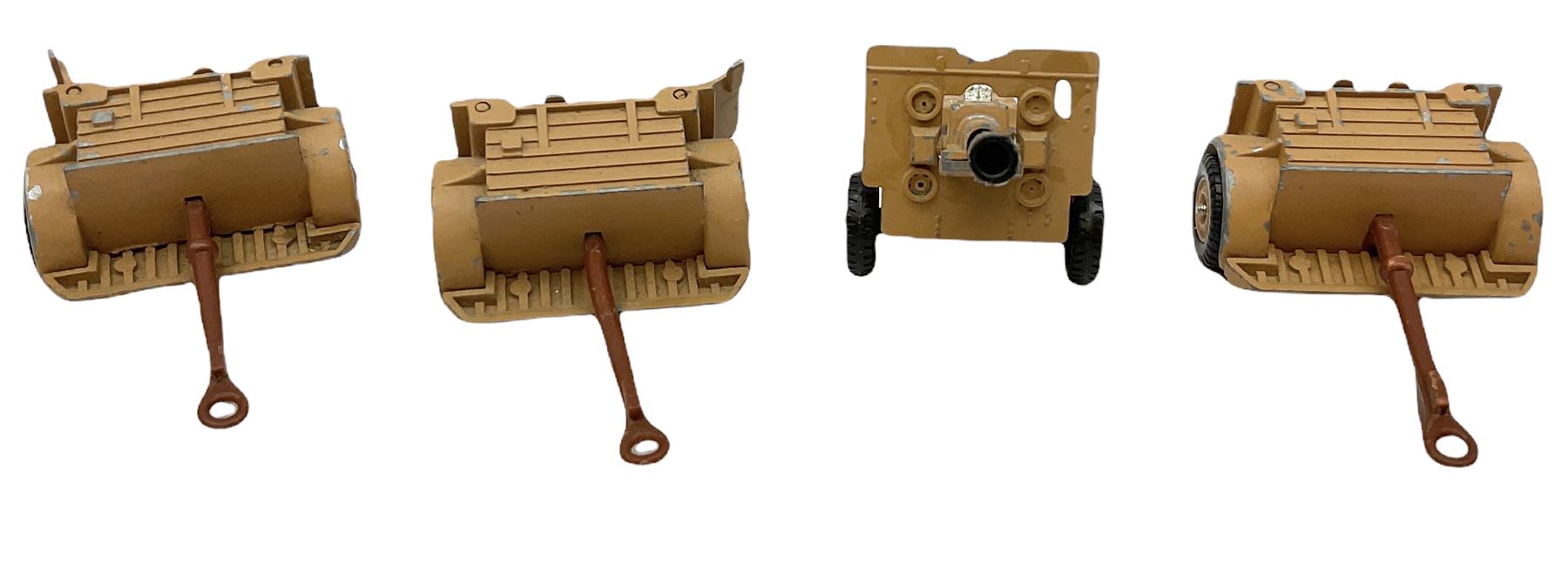 Various Makers - military vehicles comprising Schuco Kubelwagen and two Russian tanks, all boxed; and quantity of unboxed and playworn models including five Crescent Field Guns and Ammunition Limbers, Crescent Heavy Rescue Crane, Johilco Mobile Searchlight, Britains German Army BMW Combination, two Skybirds trucks etc; and a tin-plate armoured car.