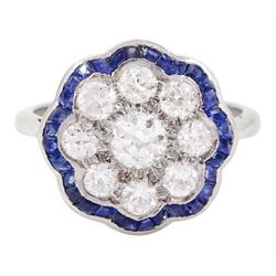 18ct white gold old cut diamond and calibre cut sapphire flower head cluster ring, total diamond weight approx 1.00 carat