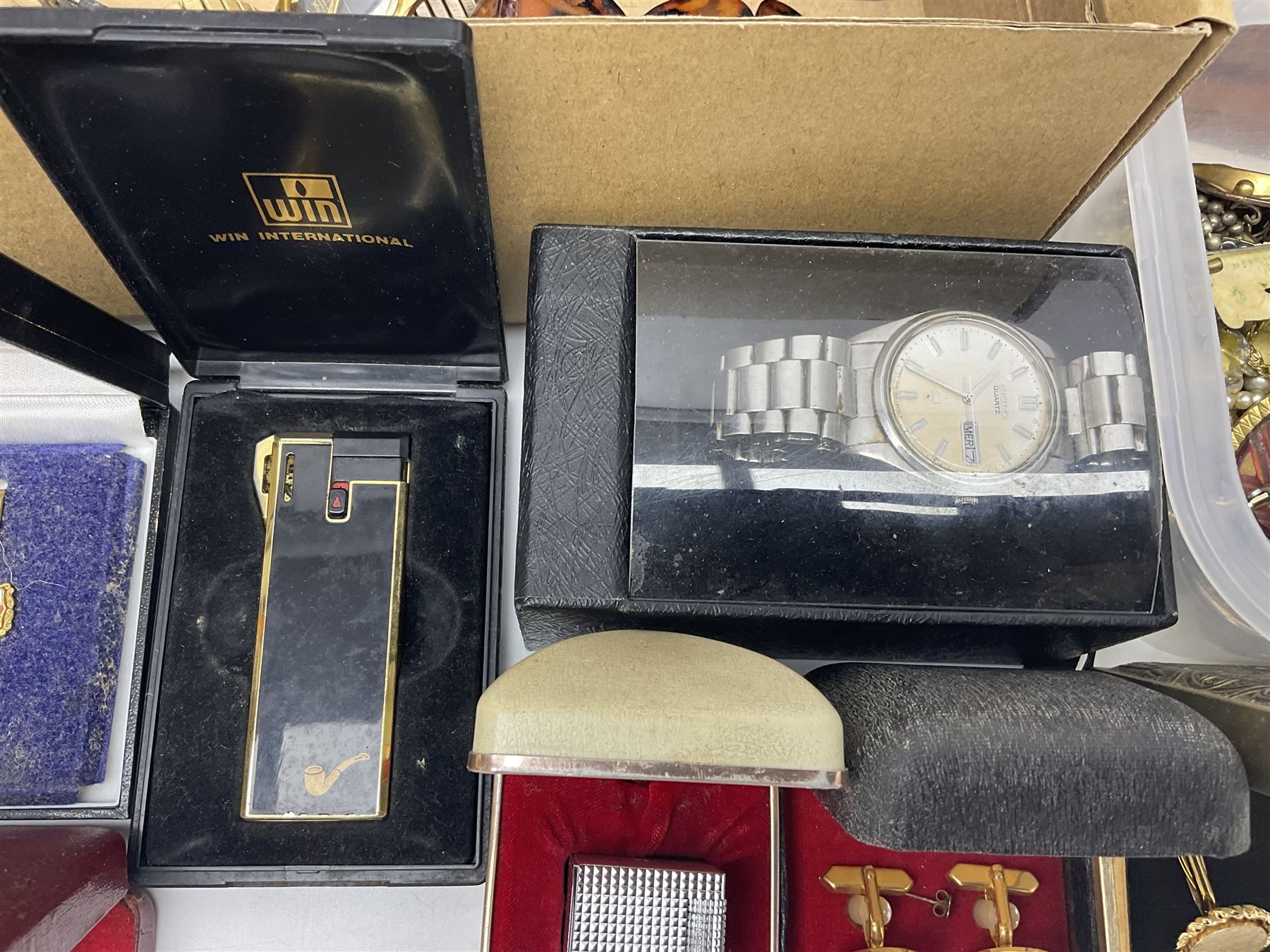 Silver jewellery including St Johns Ambulance medal, tiger's eye necklace, identity bracelet, etc, together with Festival of Britain powder compact, Ippag dice lighter, Win International lighter, Victorian and later costume jewellery and wristwatches