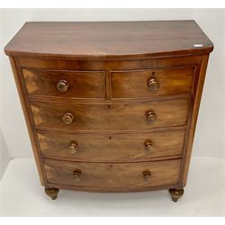 Victorian mahogany bow front chest, two short and three long drawers, turned supports
