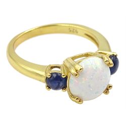 Silver-gilt three stone opal and sapphire ring, stamped 925