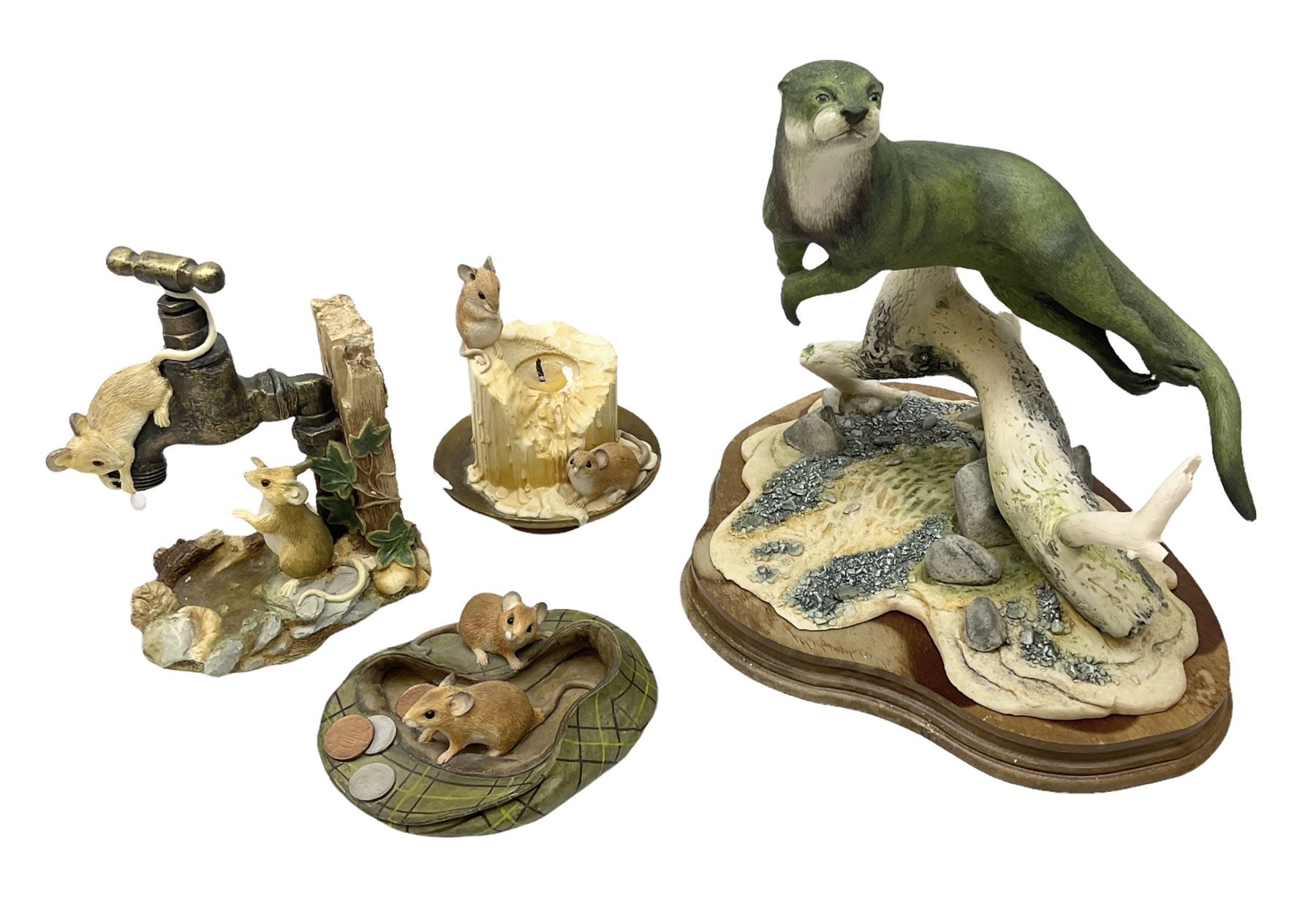 Border Fine Arts, swimming otter, together with three country artists figures, mice on candle stick, mice on garden tap, mice in cap, otter H26cm