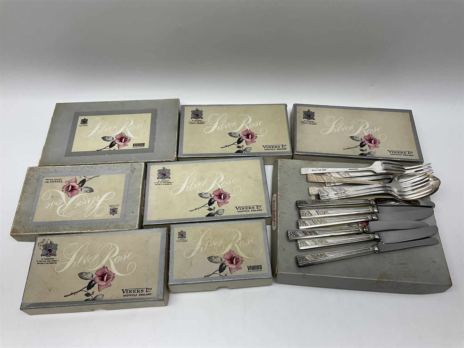 Viners Ltd silver plate Silver Rose pattern cutlery service for six place settings, to include butter knives, table knives and forks, soup spoons, dessert forks and spoons, tea knives, forks and spoons, two serving spoons and a seven piece fruit set, some boxed, missing table spoons