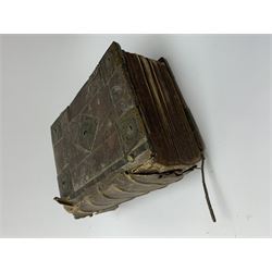 The Holy Bible, Containing the Old Testament and the New; Newly Translated out of the Originall Tongues ..., Imprinted at London by Bonham Norton and John Bill 1620. General and New Testament titles with woodcut border (New Testament title and colophon dated 1621), genealogies and double page map by J.S. (John Speed), Apochrypha present, bound with Two Right Profitable and Fruitfull Concordances .... Collected by R.F.H. Imprinted at London Bonham Norton and John Bill 1622, bound with The Whole Booke of Psalmes Collected into English Meeter by Thomas Sternehold, John Hopkins, and Others ..., printed for the Company of Stationers 1623. Full calf binding with bronze bosses.