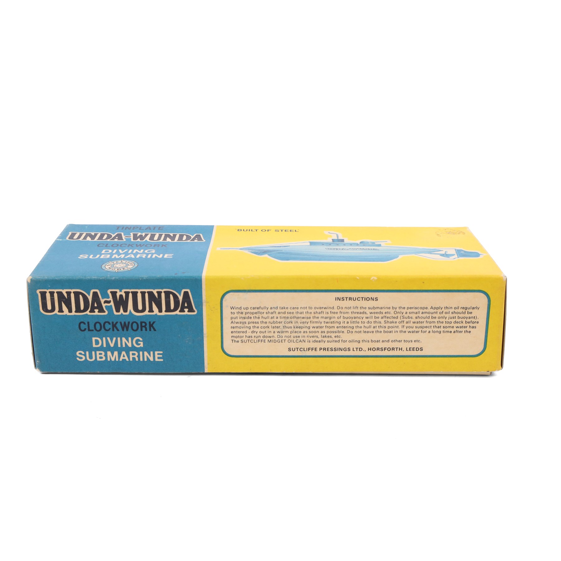 Sutcliffe Models 'Unda-Wunda' tinplate clockwork diving submarine, in pale blue livery with metallic gold details, with rubber bung and key, boxed