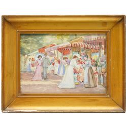 M Benham (20th century): 'Market Aix' - Provence, watercolour signed, titled on partial label verso 24.5cm x 35cm