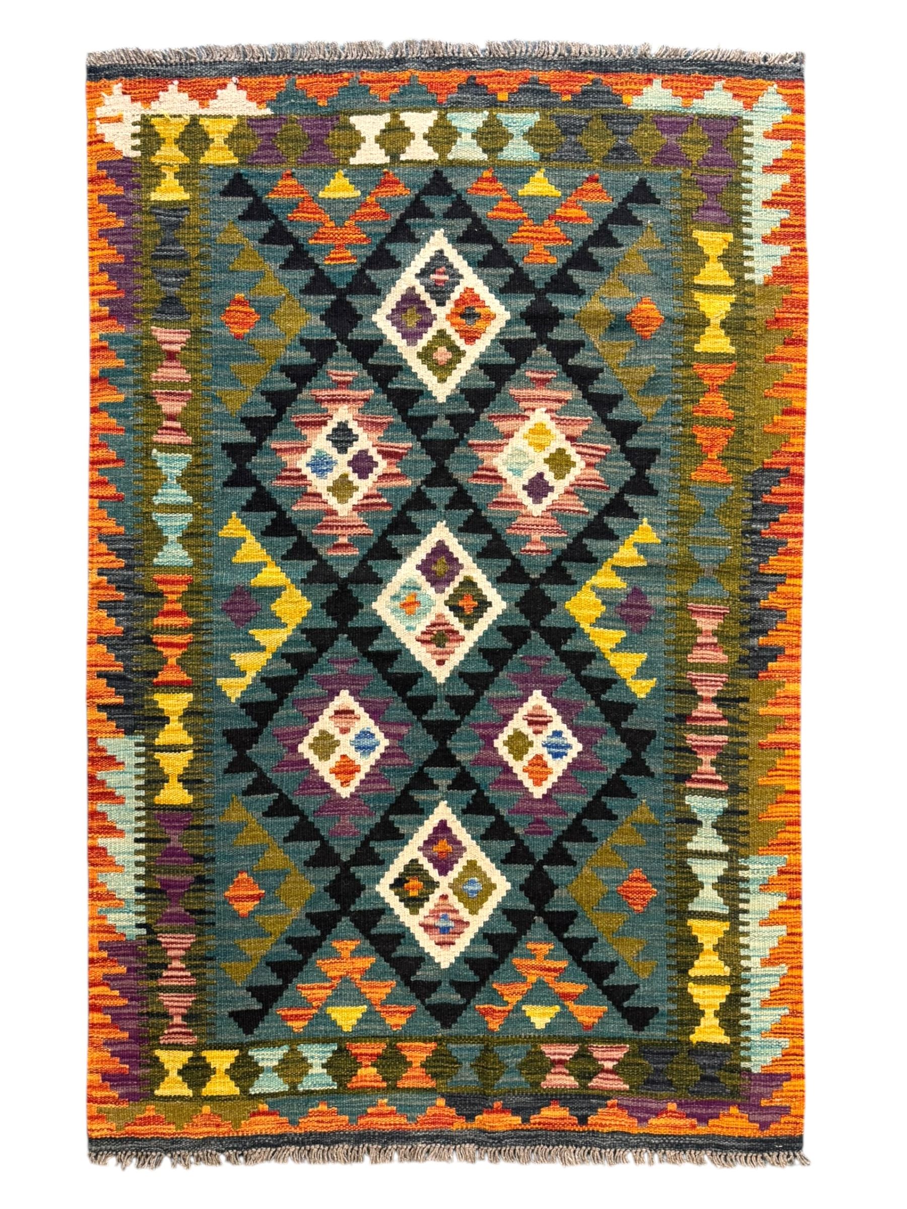Afghan Maimana Kilim flatweave rug, teal ground with a vibrant multicoloured diamond lattice, framed by stylised border motifs and finished with fringed edges