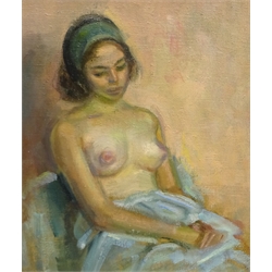  Olive Bagshaw (Northern British fl.1965-1978): Female Nude Seated, oil on canvas laid on board unsigned 32cm x 27cm Provenance: from the Artist's Studio Sale. Miss Bagshaw who was born in Salford, received her formal art training at Salford and Manchester Art School. Her work has been regularly accepted at the Royal Society of Portrait Painters, the Royal Academy and Federation of British Artists (Information from a 1970's Monks Hall Museum and Gallery exhibition catalogue)  DDS - Artist's resale rights may apply to this lot  