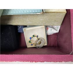 9ct gold pendant cameo necklace, black stone ring with silver band stamped 925, silver blue stone pendant necklace stamped 925, together with quantity of costume jewellery, watches, rings, earrings etc, some housed in sewing box, cameo gross weight approx 3g