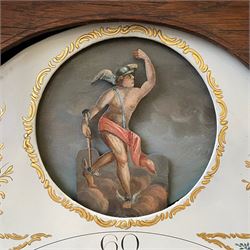 William Gostling of Diss  (Norfolk)-  Late 18th century 8-day oak longcase clock c1780-90, break arch top with scalloped cresting and three brass finials, glazed break arch hood door flanked by turned pilasters with brass capitals, trunk with a long trunk door and rounded top on a square plinth with an applied and shaped skirting, early painted Wilson of Birmingham dial with Roman numerals and five minute Arabic's, matching steel hands and second pointer, arched square ended calendar aperture with date disc behind, floral spandrels within gesso borders and a painted rocking automaton representing Mercury to the break arch, dial pinned via a false plate to a weight driven rack striking movement with a recoil anchor escapement, striking the hours on a cast bell. With pendulum weights and key. 
William Gostling (II) is recorded as working in Diss from 1774 to 1797, succeeded by widow Anne and son George . The dial of this clock is illustrated and discussed in detail in M.F. Tennants book 