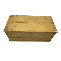 Victorian pine blanket box, hinged lid, with metal carrying handles