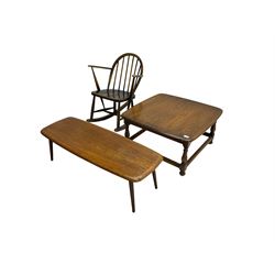 Ercol - mid-20th century child's beech rocking armchair, Ercol - mid-20th century elm square coffee table (76cm x 76cm x 38cm), mid-20th century elm coffee table