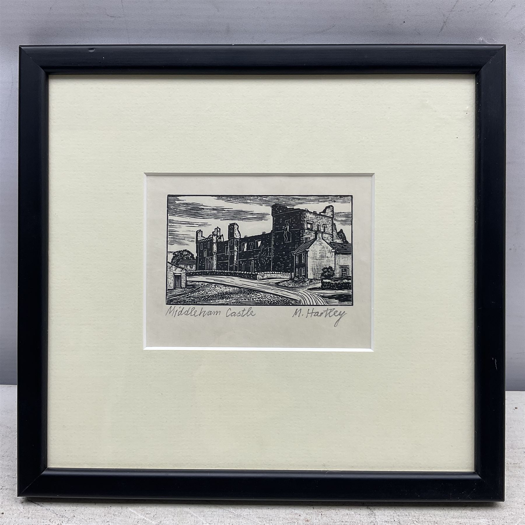 Marie Hartley (Yorkshire 1905-2006): 'Middleham Castle', woodcut signed and titled in pencil 5cm x 9cm 