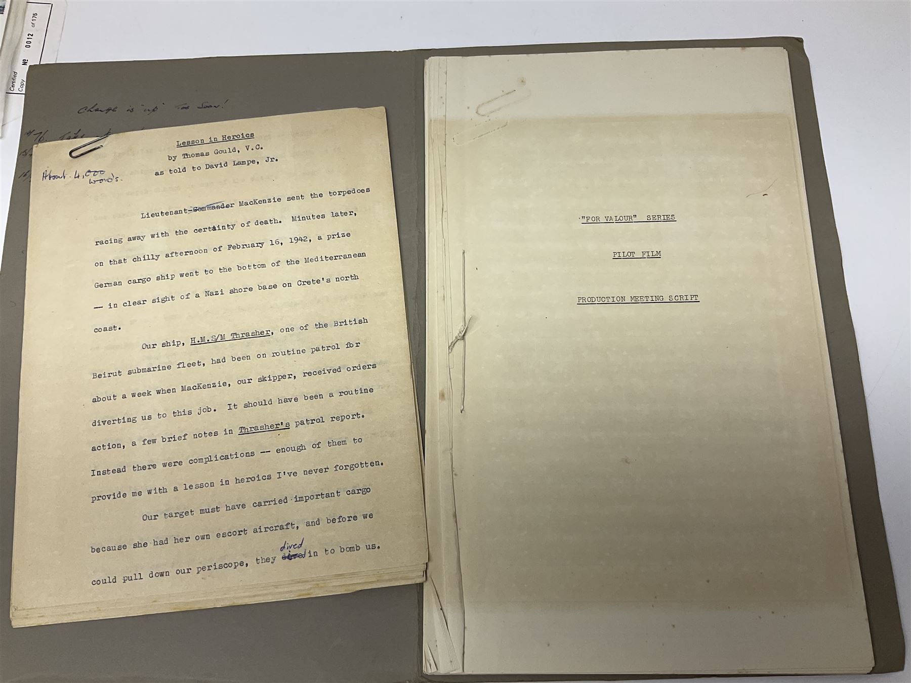 WW2 submarine interest - archive of ephemera and photographs relating to submariner Petty Officer (later Lieutenant) Thomas William Gould V.C. of HMSub Thrasher; predominantly post-war with later copies of contemporary photographs and documents including Certificate of Service in slip-case, War Patrol Reports, First Day Covers, press cuttings, 'For Valour' film script, business cards etc.
Auctioneer's Note: An extract from Gould's VC award citation reads 