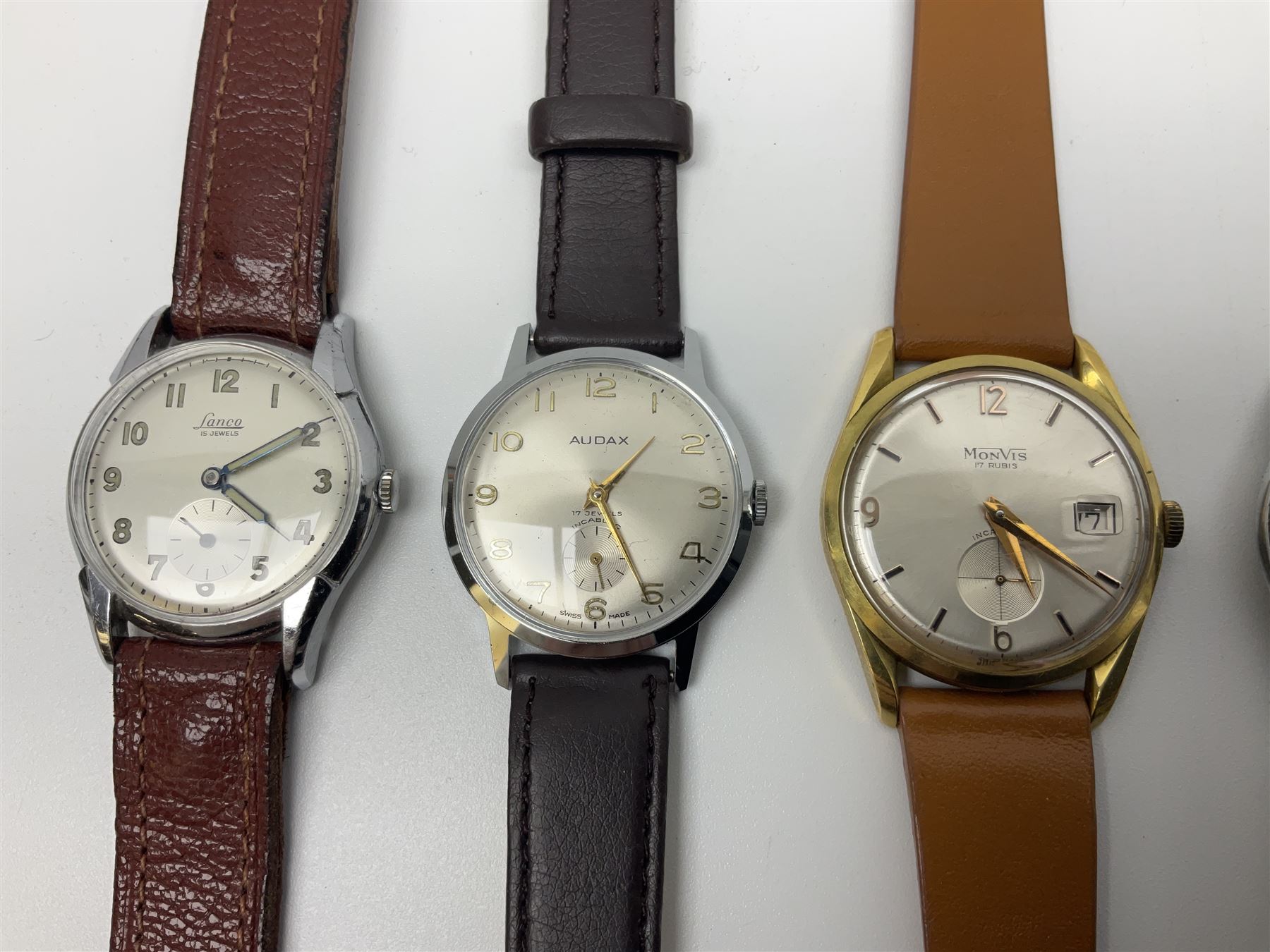 Seven manual wind wristwatches including Audax, Kered, Lanco, Rotary, MonVis, Precia and Mido Multifort, all with subsidiary seconds dials (7) 