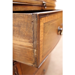  19th century inlaid mahogany bow front chest, single slide above three graduating drawers, shaped bracket supports, W103cm, H84cm, D55cm  