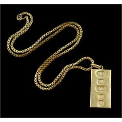 9ct gold ingot pendant London 1977, on 9ct gold box link chain necklace, hallmarked
