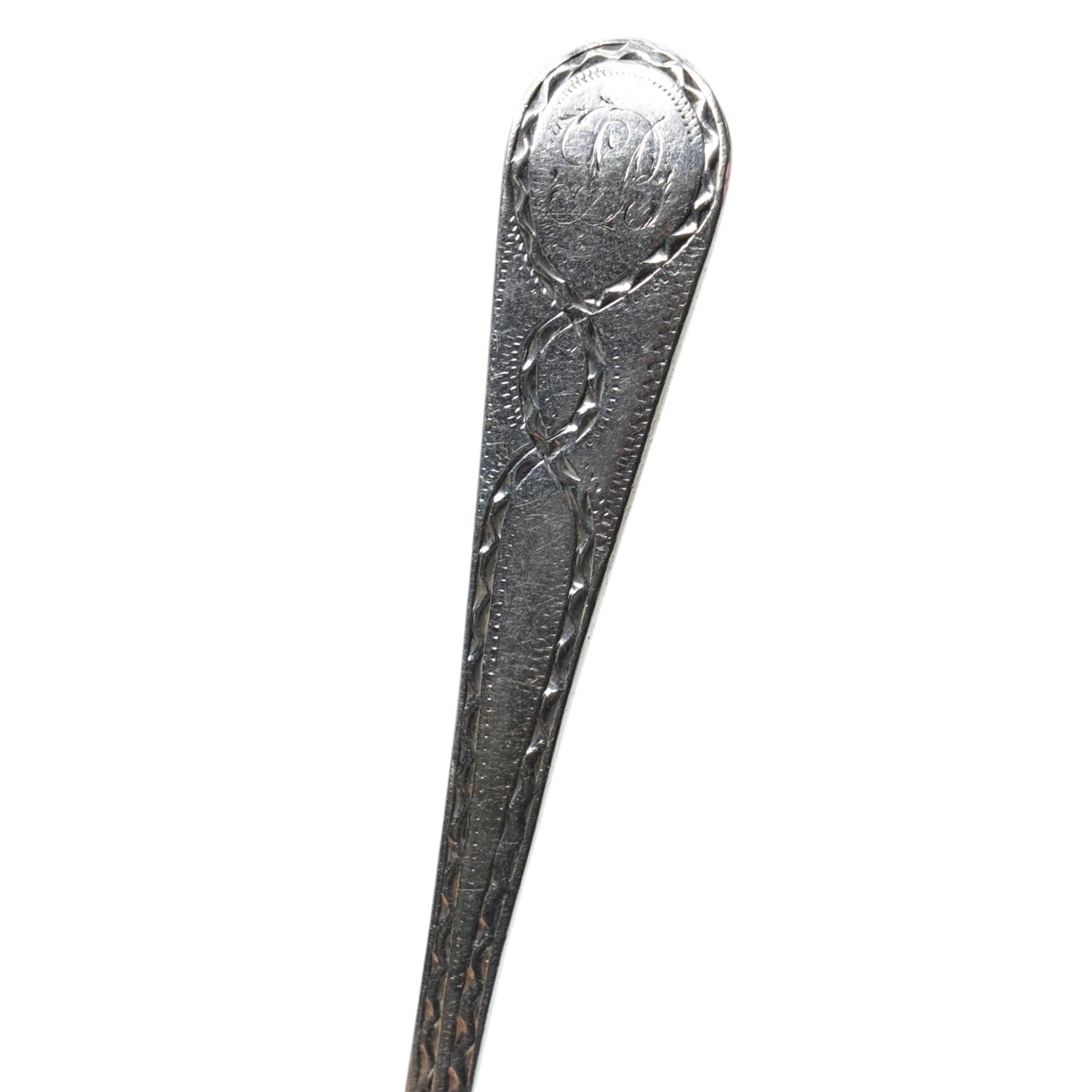 Set of six silver teaspoons with engraved stems, not hallmarked but test 925 standard  