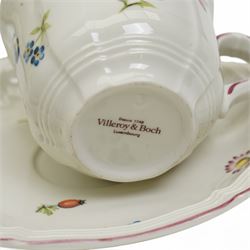 Villeroy & Boch Petite Fleur pattern part tea service comprising seven cups, ten saucers, ten plates, sugar bowl and cover, milk jug, saucer dish and rectangular plate