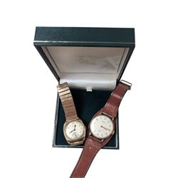 Two 9ct gold cased wristwatches, to include Vertex Revue presentation wristwatch on leather strap and Leda wristwatch on base metal strap
