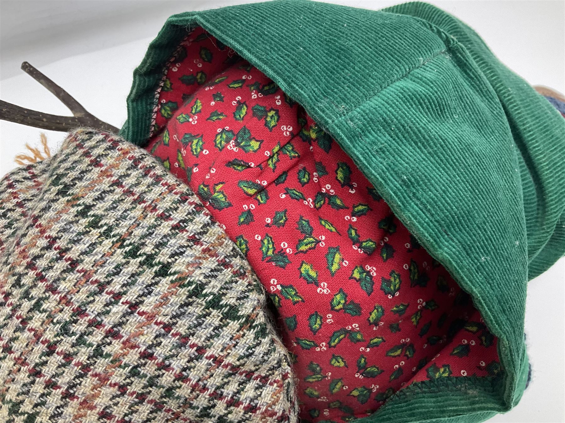 Lakeland Bears teddy bear, titled 'Walkright', dressed as a hiker in green corduroy duffle coat over fair isle jumper, trousers and knit socks, complete with leather clogs with wood soles, walkers thumb stick, knitted scarf, flat cap and rucksack housing original tag and map, H50cm