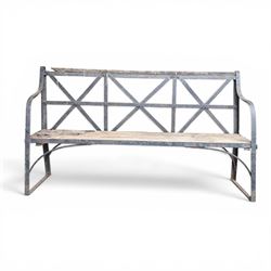 19th century and later Estate made wrought iron strapwork garden bench, the weathered wooden cresting rail over X-form strapwork back and slatted wooden seat