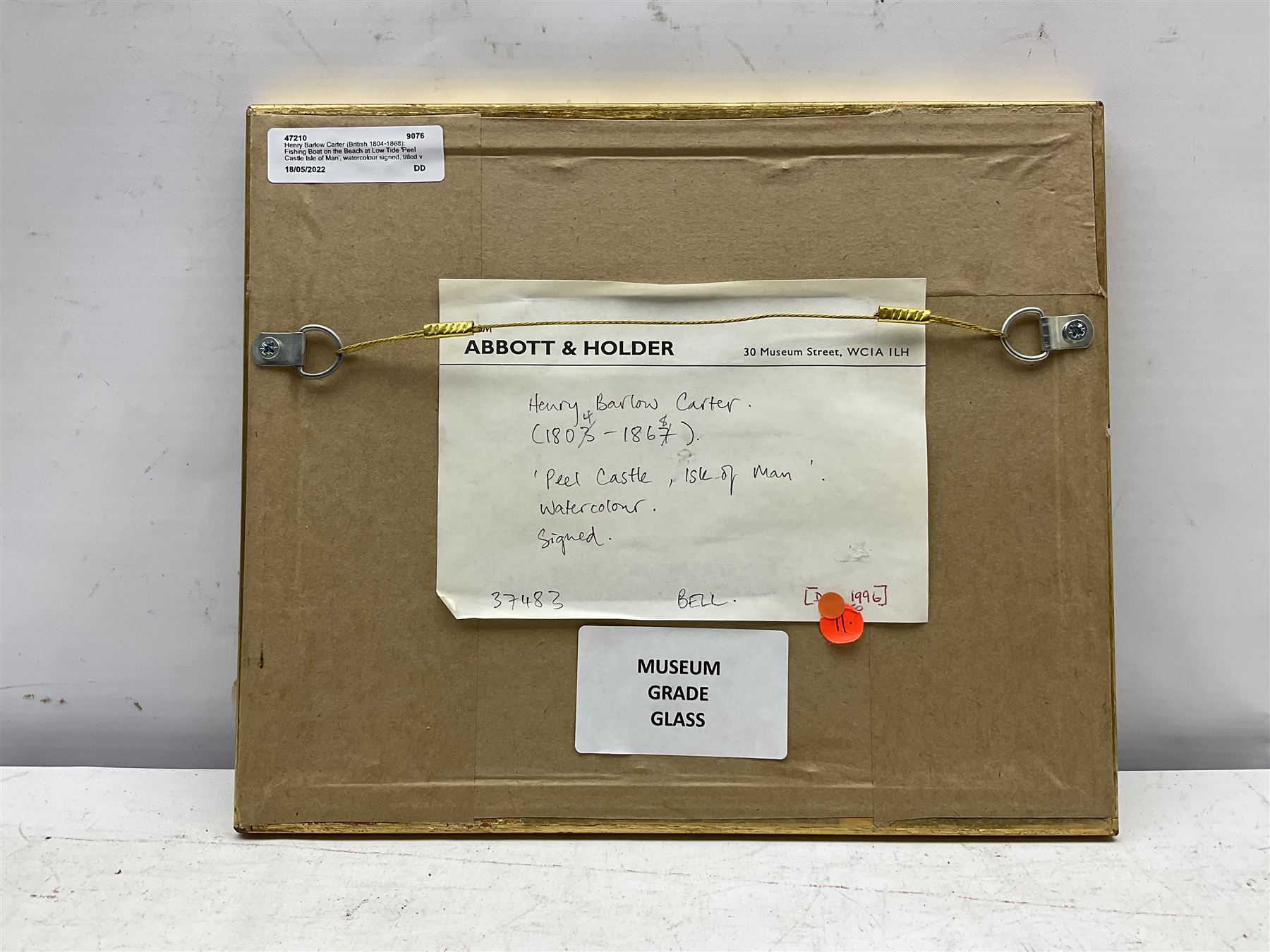 Henry Barlow Carter (British 1804-1868): Fishing Boat on the Beach at Low Tide 'Peel Castle Isle of Man', watercolour signed, titled verso 12cm x 16.5cm 
Provenance: part of a large North Yorkshire single owner life time collection of H B & J N Carter watercolours; with Abbott & Holder, Museum St., London, label verso