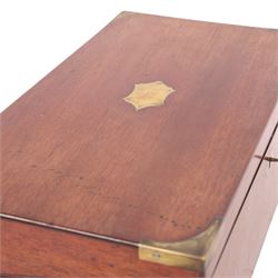 Mid 19th century brass bound mahogany writing box, with flush handles and side draw, the hinged lid opening to reveal a green felt writing slope, H16cm, L46cm 