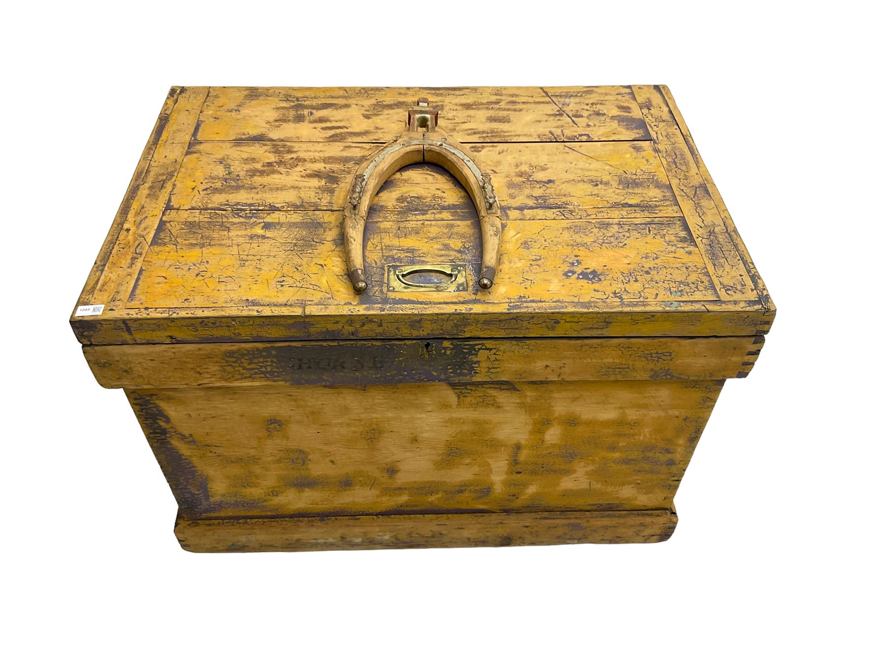 19th century scumbled pine horse tack storage box with yoke atop lid, and 'horse' inscribed on front