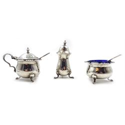 Three piece silver condiment set with spoons and blue glass liners and a butter dish, weighable silver 5oz