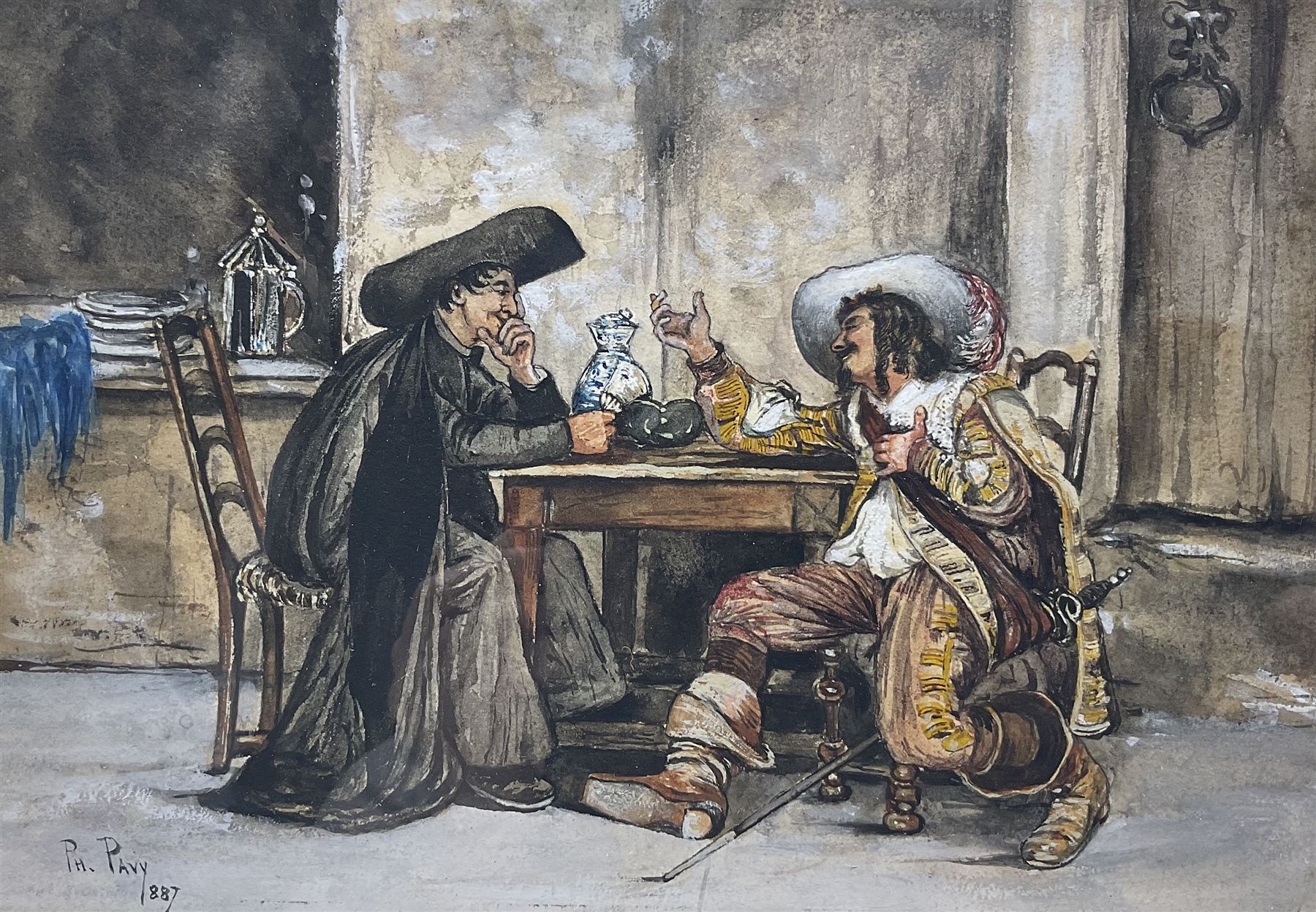 Philippe Pavy (French 1860-c1920): Two Gentlemen in Conversation, watercolour heightened with white signed and dated 1887, 17cm x 24cm