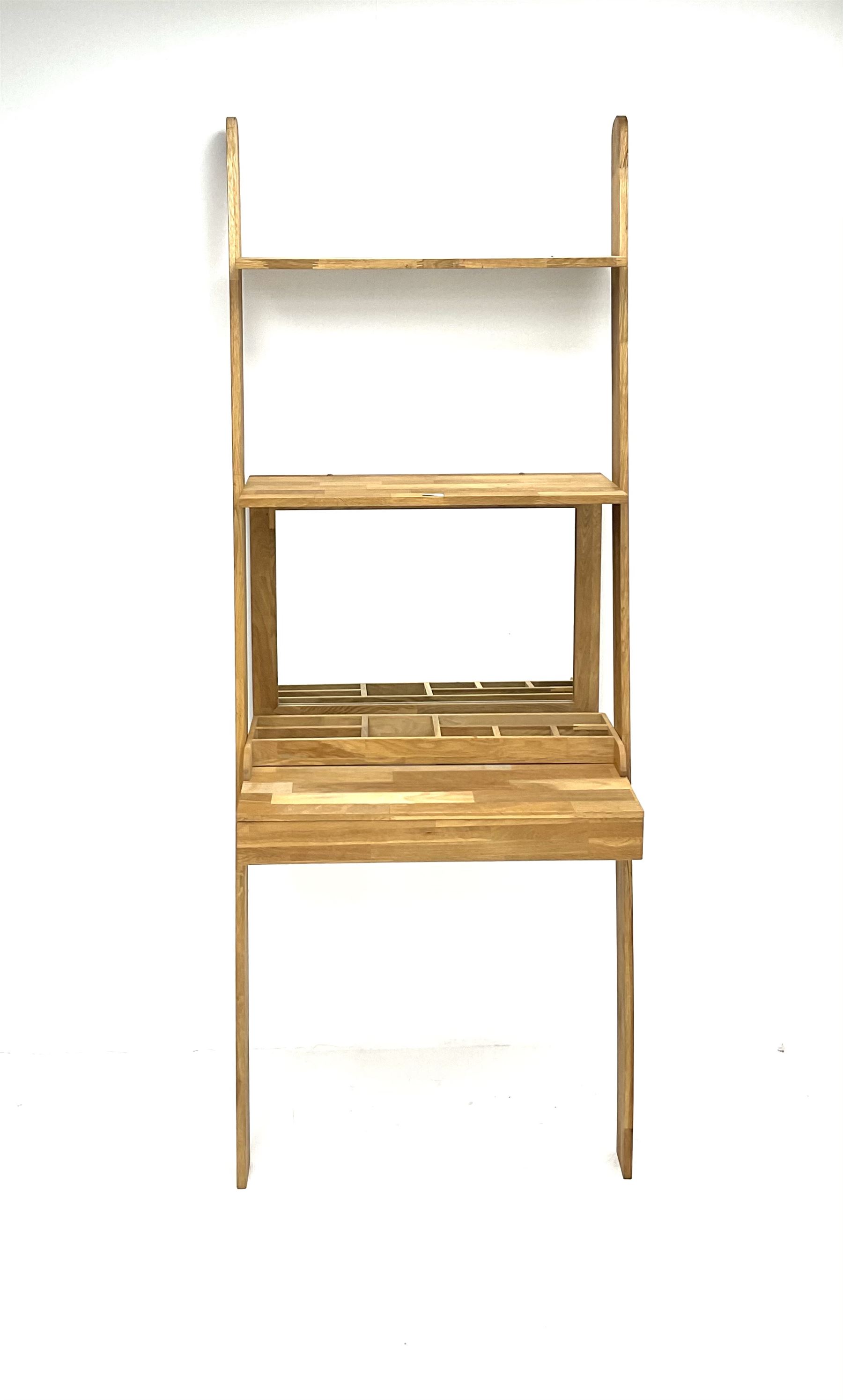 Futon company oak leaning ladder desk with mirror back, two shelves and slide drawer, (H195cm, D51cm, W75cm)