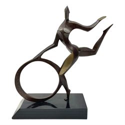 John Huggins FRBS (British 1938): 'Girl with Hoop', bronze sculpture upon black lacquered wooden base, H33cm, artist resale rights apply