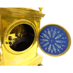  Early 20th century gilt brass architectural cased mantel clock, circular enamel Arabic dial inscribed 'Bell Brothers Paris' twin train Japy Freres movement stamped 9515 48 striking the half hours on a coil, the cupola topped case with turned columns and feet H35cm, W21cm, D13cm, on giltwood plinth  