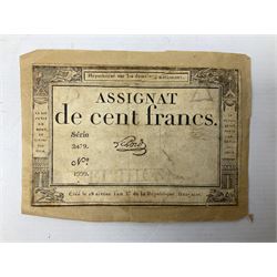 Five French Revolutionary period assignat notes (notes of this type were issued between 1789 and 1796), each mounted on paper
