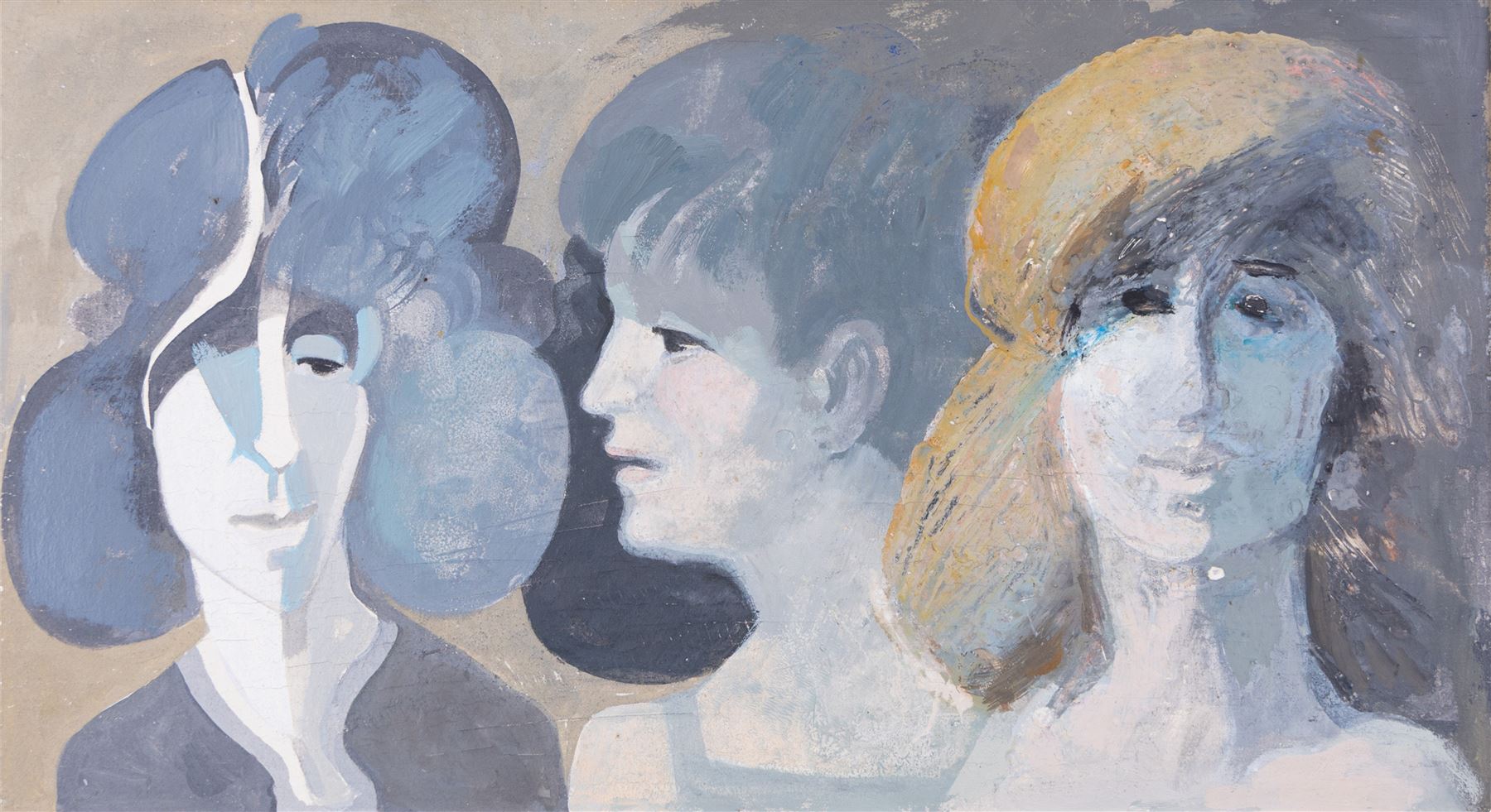 Robert H Lee (Northern British 1915-2007): 'Three Faces', oil on board unsigned 15cm x 28cm 
Provenance: David Duggleby Ltd 11th June 2012 Artist's Studio Collection, sold on instructions from his widow Mrs Thelma Lee Lot 186