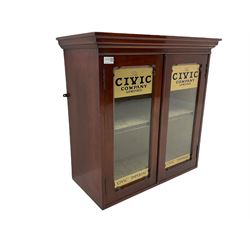 Victorian mahogany display cabinet, two glazed doors decorated with Civic Pipe lettering