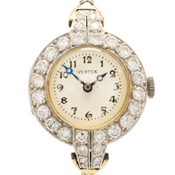 Vertex Supreme ladies platinum and 9ct white gold diamond manual wind wristwatch, silvered / white dial with Arabic hour markers, the bezel set with thirty-two round brilliant cut diamonds, stamped Platinum, on a white gold snake bracelet, Birmingham 1967, total diamond weight approx 1.60 carat
