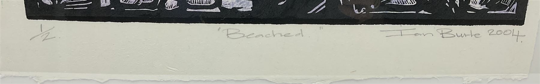 Ian Burke (Northern British 1955-): 'Beached' - Whitby to the Wash, limited edition woodcut on handmade paper signed titled dated 2004 and numbered 1/2 in pencil 68cm x 49cm 
