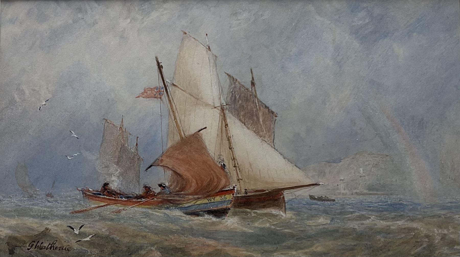 George Weatherill (British 1810-1890): Whitby Fishing Boat WY36 and another along side under a Rainbow, watercolour signed 11cm x 19.5cm
Provenance: part of an important single owner Weatherill Family collection