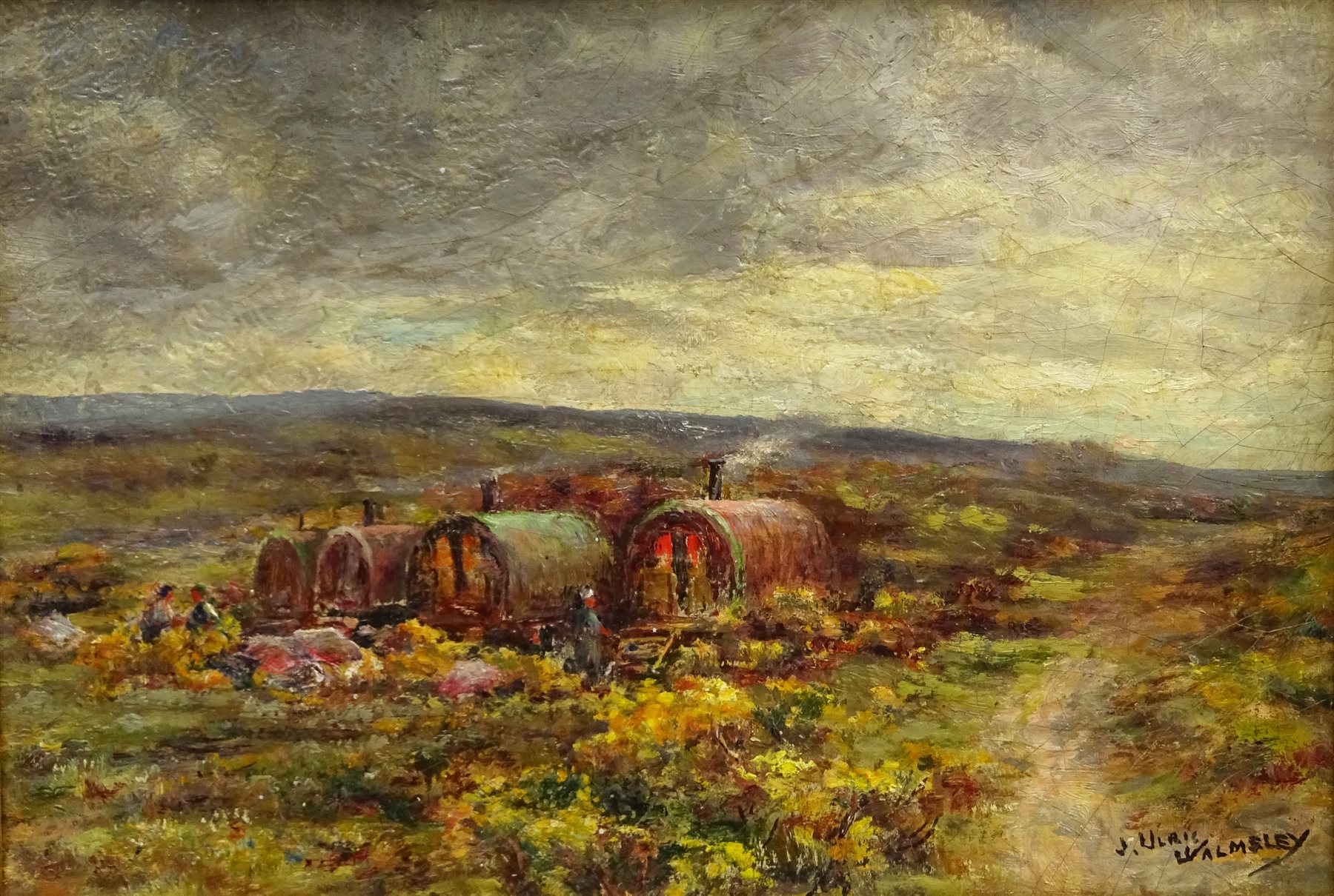James Ulric Walmsley (British 1860-1954): Gypsy Caravans on the Yorkshire Moors, oil on board signed 23cm x 34cm

