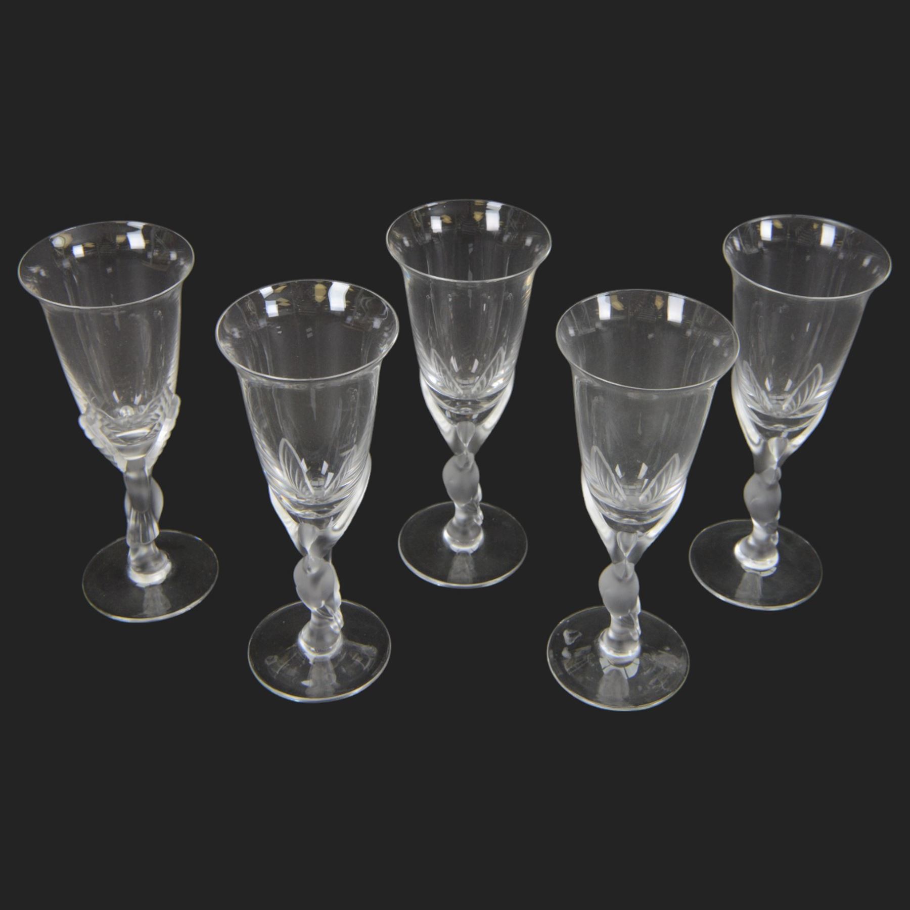 Set of five Carl Faberge Kissing Doves champagne flutes, H21cm