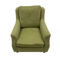 Wesley-Barrell two seat sofa and pair of matching armchairs, upholstered in sage linen fabric